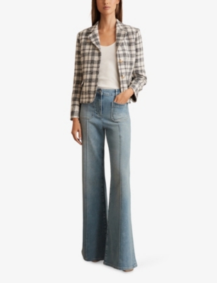 Reiss Womens Grey Check Carly Single-breasted Checked Cotton Jacket