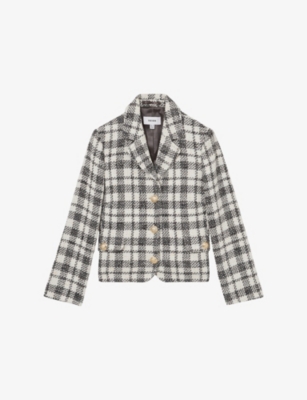 Reiss Womens Grey Check Carly Single-breasted Checked Cotton Jacket