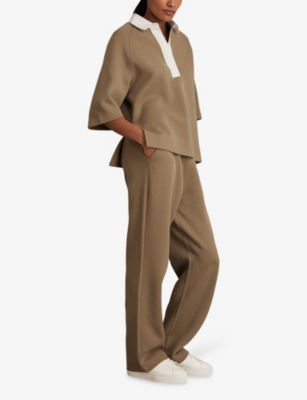 Reiss Womens Gaia Elasticated-waist Wide-leg Stretch Cotton-blend Jogging Bottoms Camel Xs