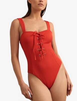 Reiss Fabienne Lace-up Rib One-piece Swimsuit In Orange