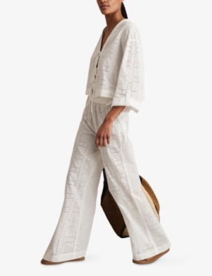 REISS: Poppy Side-Tie Elasticated-Waist Broderie Cotton Trousers