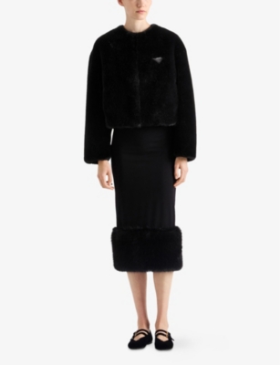 PRADA WOMENS BLACK ASPEN TRIANGLE-LOGO CROPPED FAUX-FUR JACKET