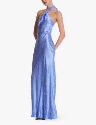 Omnes Womens Arles Floral-print Halterneck Satin Maxi Dress Blue In Blue