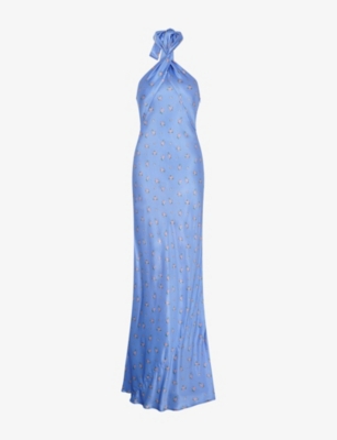 Omnes Womens Arles Floral-print Halterneck Satin Maxi Dress Blue In Blue