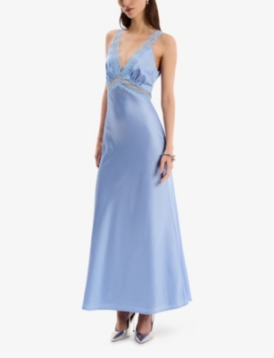 Omnes Womens Blue Aurelia Lace-trim Satin Maxi Dress In Blue