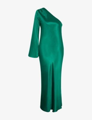 Omnes Womens Green Charlee Asymmetric Satin Maxi Dress In Green