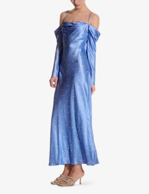 Omnes Womens Munique Floral-print Satin Maxi Dress Blue In Blue
