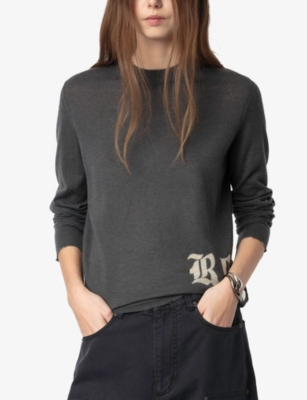 ZADIG & VOLTAIRE WOMENS ANTHRACITE IVY TEXT-LOGO INTARSIA MERINO-WOOL JUMPER 