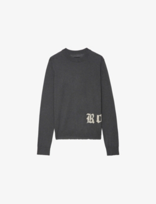 ZADIG & VOLTAIRE WOMENS ANTHRACITE IVY TEXT-LOGO INTARSIA MERINO-WOOL JUMPER 