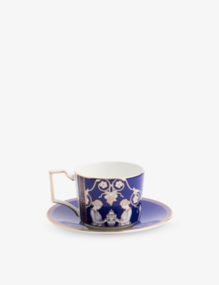 WEDGWOOD RENAISSANCE GOLD GRAPHIC-PRINT BONE-CHINA TEACUP AND SAUCER SET 