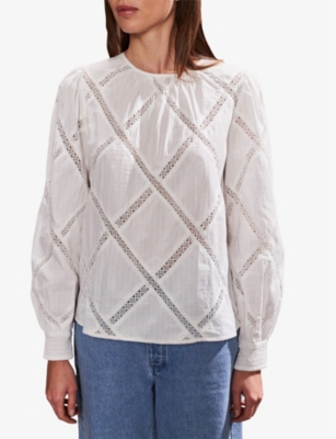 Ro&zo Womens Shirred-cuff Lace Cotton Blouse White In White