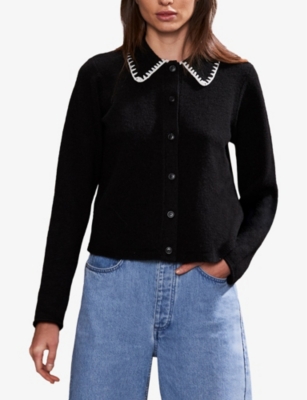 Ro&zo Womens Black Collared Contrast-stitch Wool-blend Cardigan In Black
