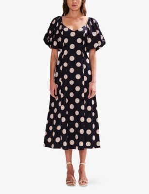 Ro&zo Womens Ink Yasmin Spot-print Puff-sleeve Woven Midi Dress In Ink