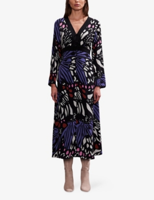 Ro&zo Womens Multi Butterfly-print Button-through Crepe Midi Dress Purple In Purple