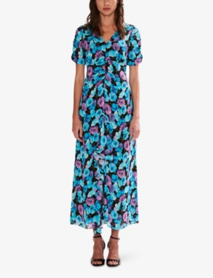 Ro&zo Womens Blue Floral-print Frill-front Woven Midi Dress In Blue