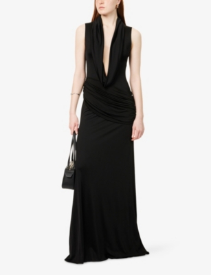 DAVID KOMA: Draped Plunge-Neckline Stretch-Woven Gown