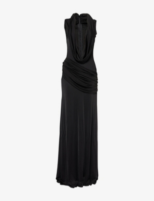 DAVID KOMA: Draped Plunge-Neckline Stretch-Woven Gown