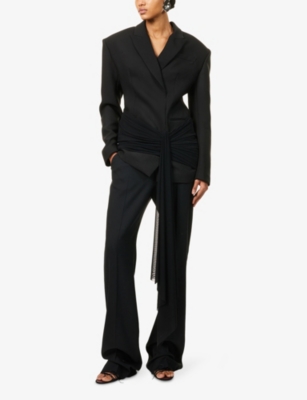 DAVID KOMA: Peak-Lapels Mesh-Panel Stretch-Wool Mini Dress