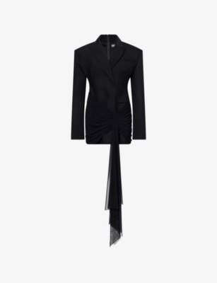 DAVID KOMA: Peak-Lapels Mesh-Panel Stretch-Wool Mini Dress