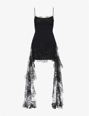 DAVID KOMA: Asymmetric Lace-Applique Woven Mini Cami Dress