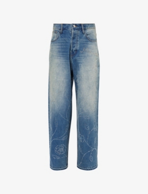 NAHMIAS: Beaded Wide-Leg Denim Jeans