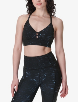 Sweaty Betty Womens  Super Soft Strappy-back Stretch-woven Bra In Blutundra Tigerprint