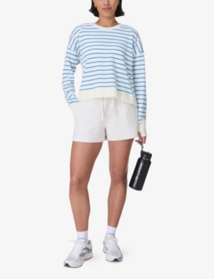 SWEATY BETTY WOMENS TIDAL BLUE STRIPE AFTER CLASS CROP COTTON AND MODAL-BLEND SWEATSHIRT XS 