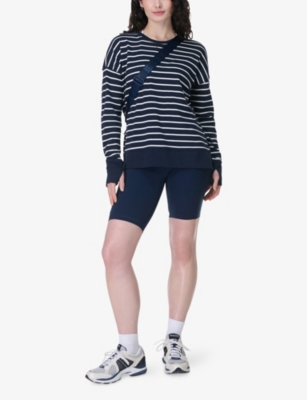 Sweaty Betty Womens After Class Longline Striped Cotton-blend Jumper Navy Blue Stripe In Navy Blue Stripe