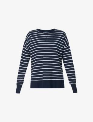 Sweaty Betty Womens After Class Longline Striped Cotton-blend Jumper Navy Blue Stripe In Navy Blue Stripe