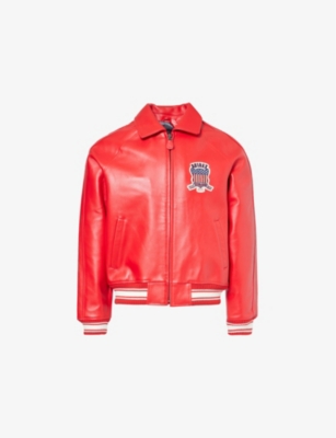 Avirex Mens Icon Brand-motif Regular-fit Leather Jacket Red
