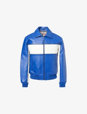 Avirex Mens Spider Racer Brand-embossed Regular-fit Leather Jacket Blue