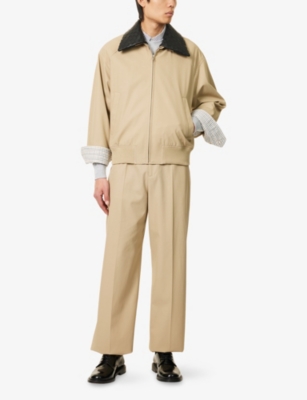 Shop Bottega Veneta Mens  Intrecciato-collar Cotton-twill And Leather Blouson Jacket In Beige