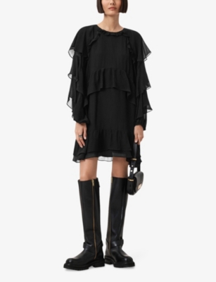 Allsaints Womens Black Lissie Round-neck Frill Silk-blend Mini Dress In Black