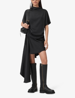 Allsaints Womens Black Leslie Drawstring-sides Satin Top In Black