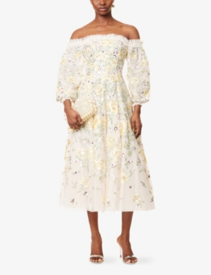 NEEDLE & THREAD WOMENS CREAM ELINA ROSE BALLERINA WOVEN MIDI DRESS 