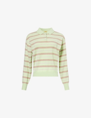 GUEST IN RESIDENCE WOMENS MINT COMBO COLLEGIATE STRIPED CASHMERE-KNIT POLO SHIRT