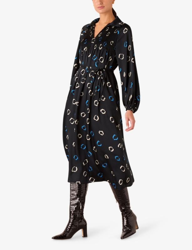 Collar Long-Sleeve Woven Midi Dress