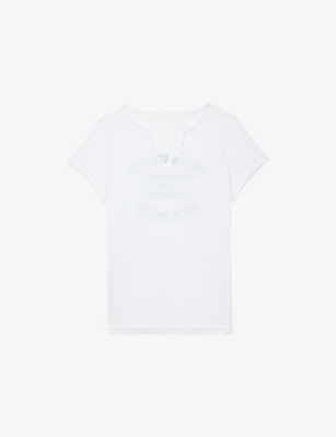 Zadig & Voltaire Womens Graphic-print V-neck Cotton T-shirt White In White