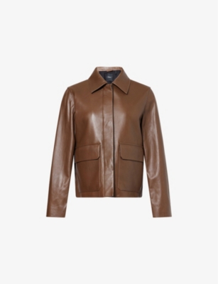 THEORY: Boxy Two-Flap-Pockets Relaxed-Fit Leather Jacket