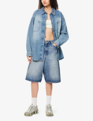 Patch-Pockets Faded-Wash Denim Overshirt