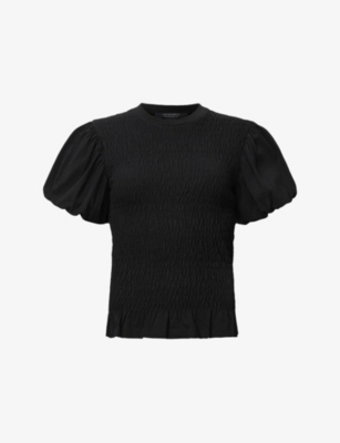 ALLSAINTS: Dael Puff-Sleeve Slim-Fit Smocked Stretch-Woven Top