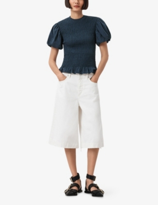 Allsaints Womens Midnight Blue Dael Puff-sleeve Slim-fit Smocked Stretch-woven Top Xs In Blue