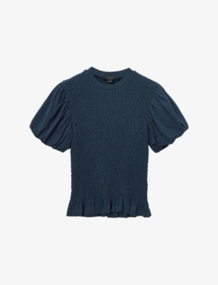 Allsaints Womens Midnight Blue Dael Puff-sleeve Slim-fit Smocked Stretch-woven Top Xs In Blue