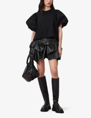 Allsaints Womens Black Jess Puff-sleeve Relaxed-fit Cotton T-shirt