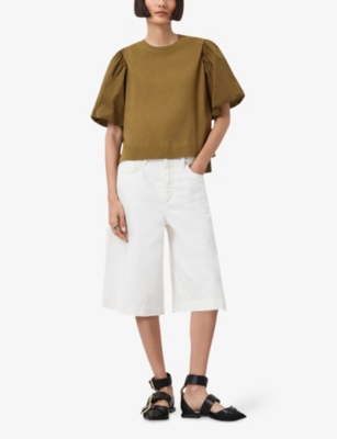 Allsaints Womens Fango Green Jess Puff-sleeve Relaxed-fit Cotton T-shirt Xs In Green