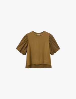 Allsaints Womens Fango Green Jess Puff-sleeve Relaxed-fit Cotton T-shirt Xs In Green