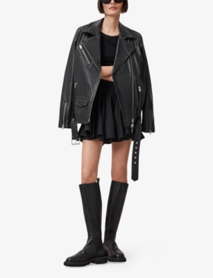 Allsaints Womens Black Tulip Draped Mid-rise Cotton Mini Skirt In Black