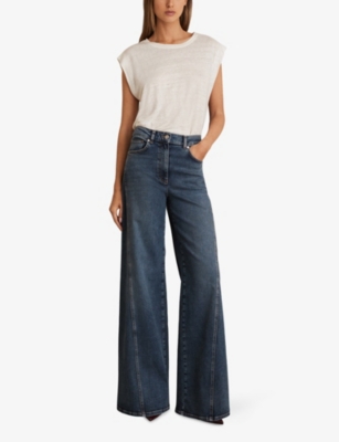 Shop Reiss Womens Mid Blue Fern Twisted-seam Wide-leg High-rise Stretch-denim Jeans
