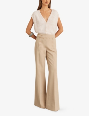 Reiss Womens Sidney Button-detail Wide-leg Stretch-woven Trousers Neutral In Neutral