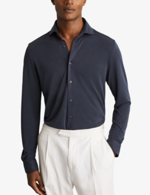Reiss Mens Navy Bobby Regular-fit Cutaway-collar Modal-blend Shirts